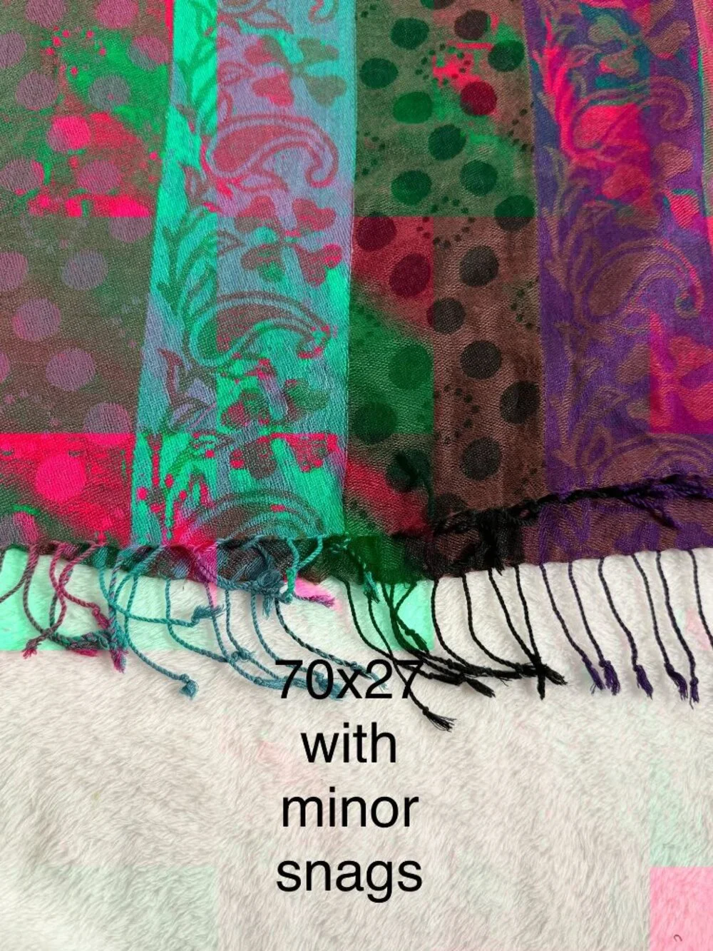 Multicolor Paisley Floral Polka Dot Scarf Fringe Trim Wrap 70x27 Lightweight